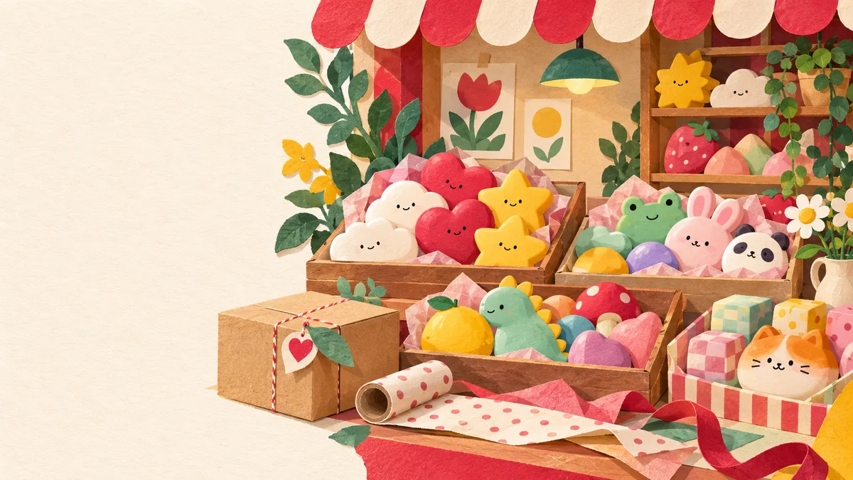 Paper-collage illustration of a cheerful toy boutique and small shipping carton
