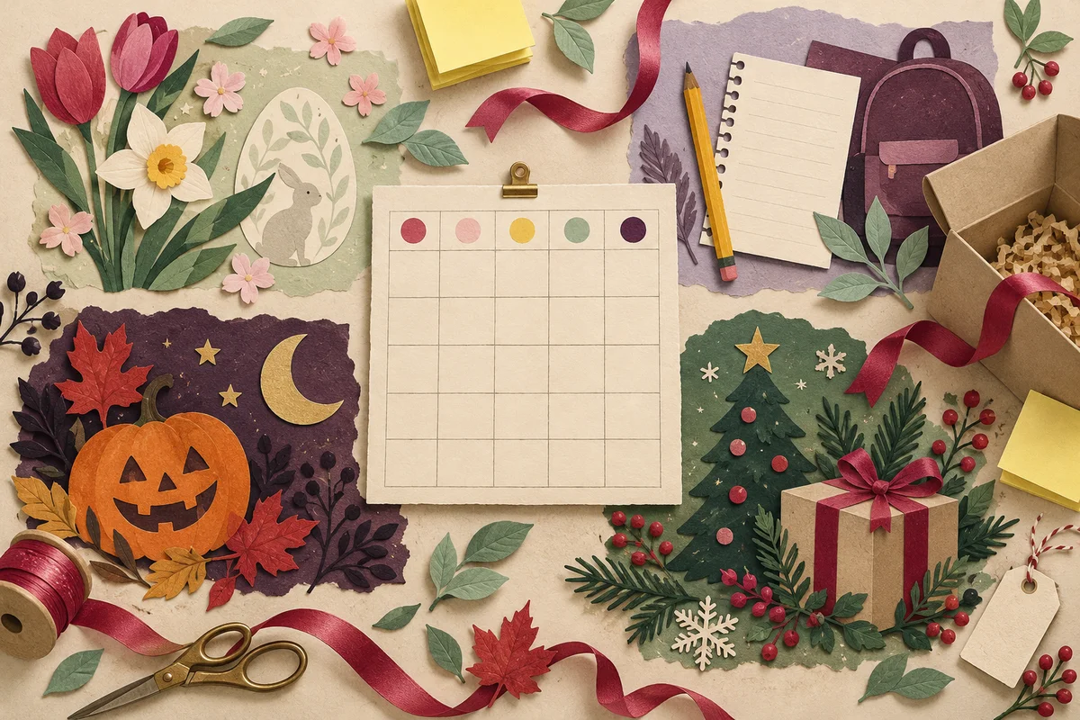 Illustrated planning calendar with spring, school, Halloween and Christmas motifs
